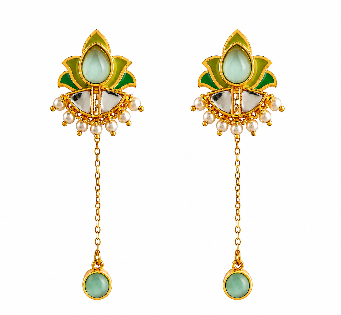 Green Lotus Kundan Chain Drop Elegant Earrings Wholesale